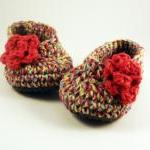 Red Ballet Style Crochet Booties With Rose