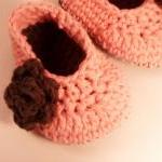Peach Baby Booties With Brown Rose, Crochet