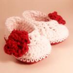 White Baby Bootie With Red Rose, Crochet Cotton