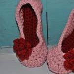 Crochet Slippers, Pink With Red Rose
