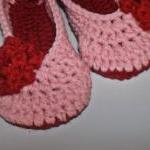 Crochet Slippers, Pink With Red Rose