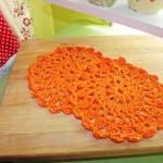 Crochet Dish Cloths In Orange, Vintage Doily..