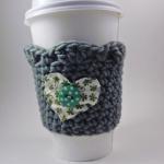 Crochet Coffee Cozy - Cottage Style - Green Heart..