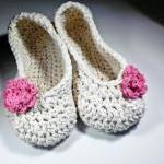 Antique Ivory Adult Slippers With Pink Rose -..