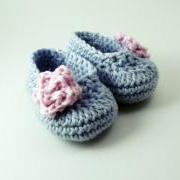 Rose baby booties - blue and pink - 0 to 3 month size