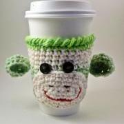 Coffee cozy - sock monkey - crochet - lime green