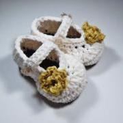 Crochet rose baby booties, antique ivory cotton wtih yellow rose, ready to ship