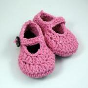 Crochet baby booties, pink mary jane style, ready to ship