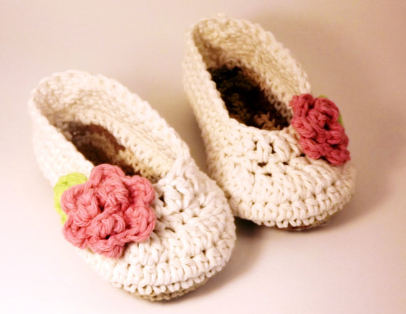 Antique Ivory Ballet Style Crochet Booties With Pink Rose, Slippers