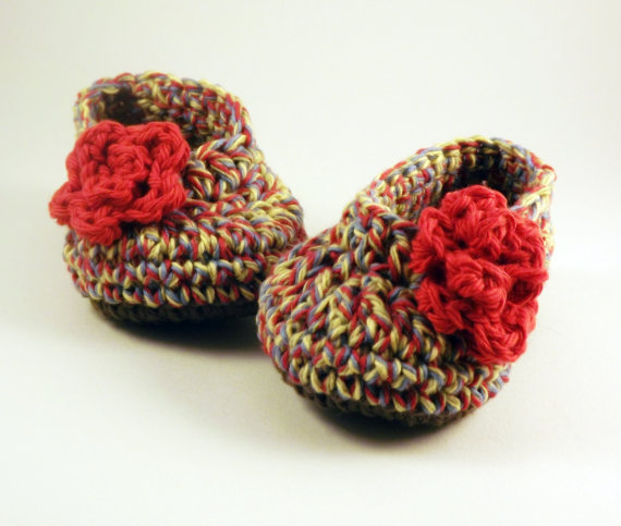 Red Ballet Style Crochet Booties With Rose