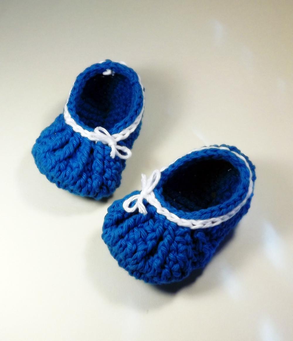 Baby Booties - Gathered Bow Style - Bright Blue And White