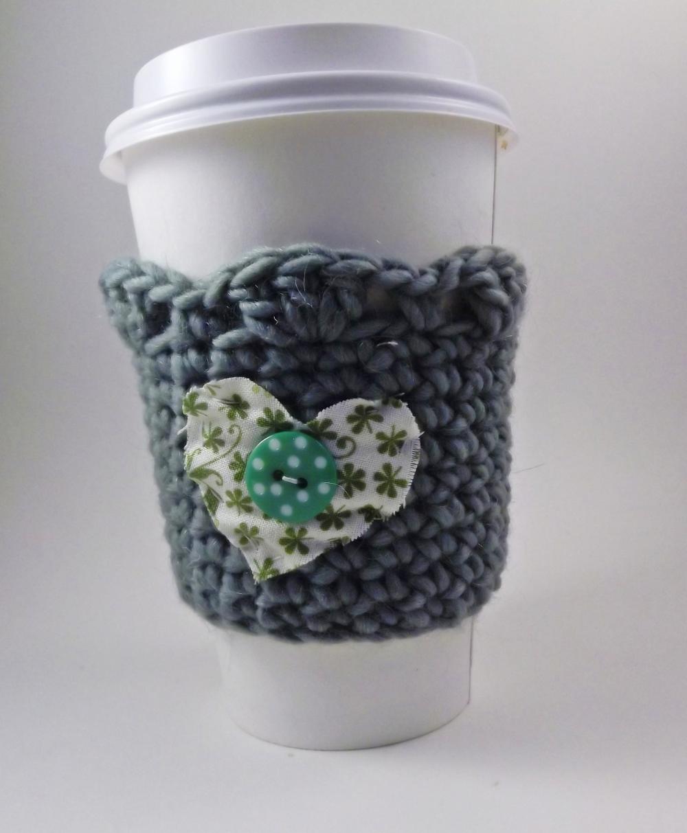 Crochet Coffee Cozy - Cottage Style - Green Heart With Button
