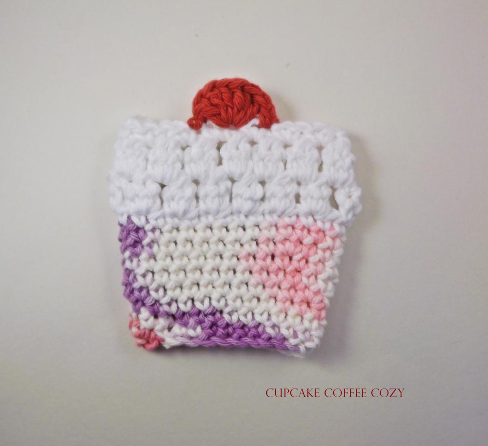 Crochet Coffee Cozy - Cupcake- Pink And Purple, Vanilla White Frosting, Cherry On Top