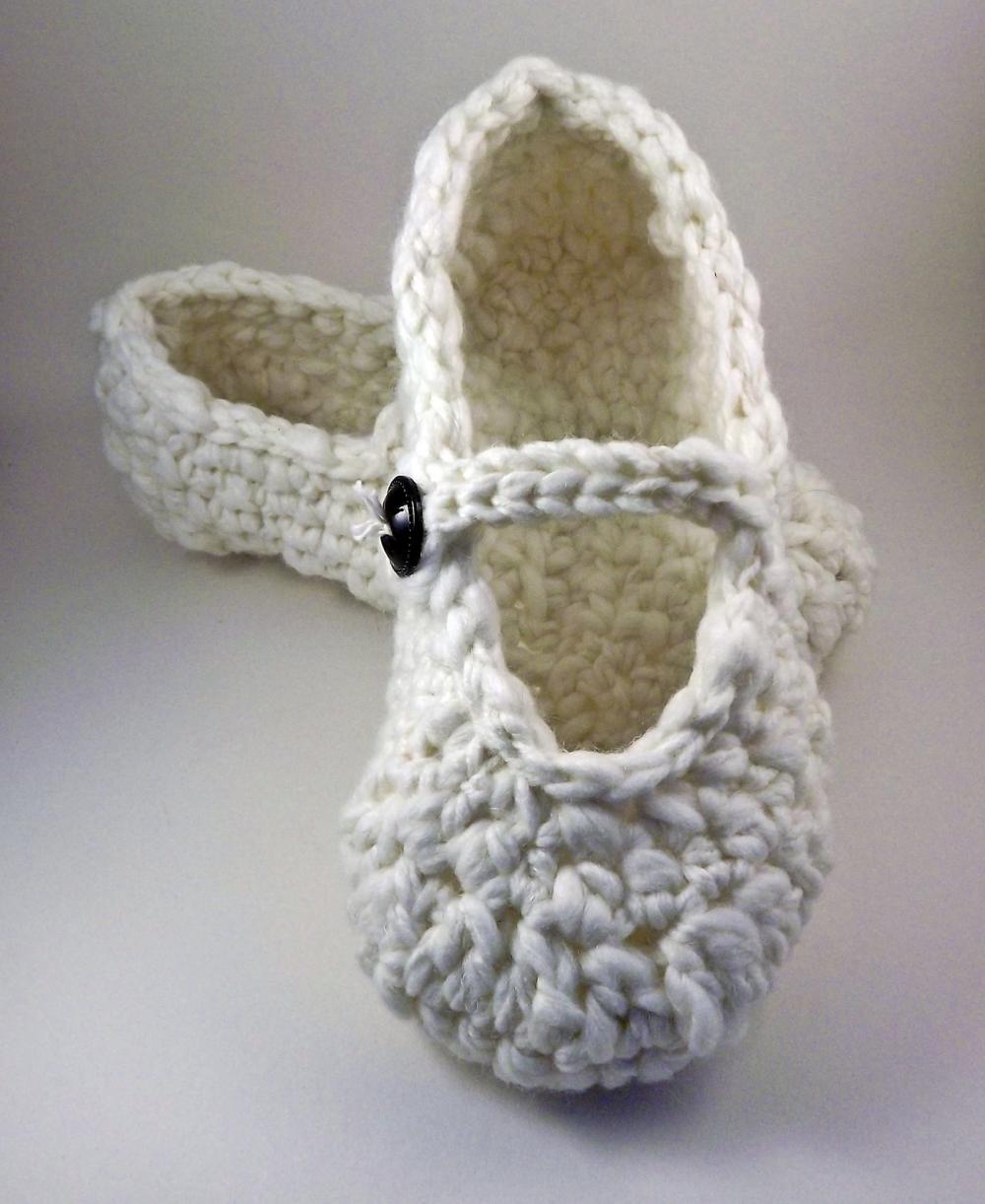 Mary Jane Slippers - Crochet - For Women - White Wool - Luxury Collection