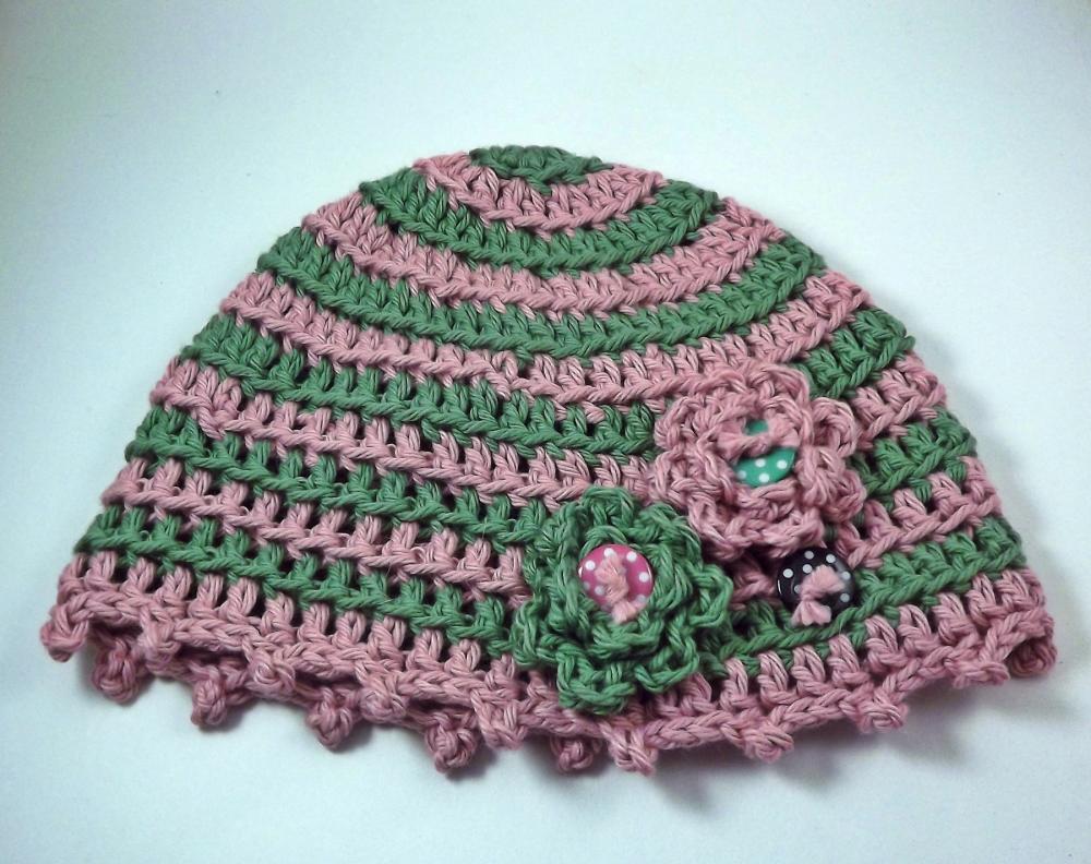 Crochet Flapper Beanie Hat, Stripe- Ready To Ship - Pink And Green With Flowers